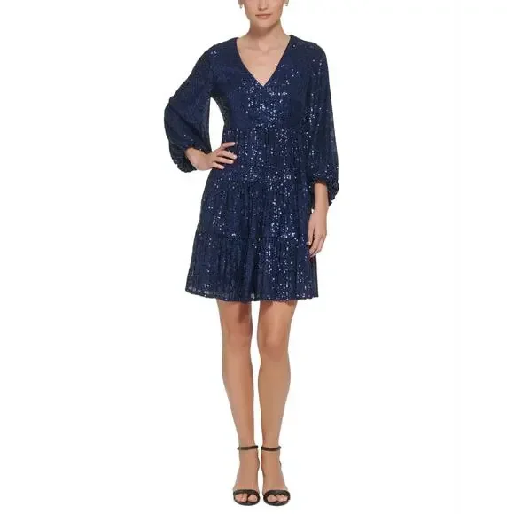 Eliza J Sequined Long Sleeve A-Line V-Neck Mini Cocktail Dress Navy Blue Size 8 - Picture 1 of 13